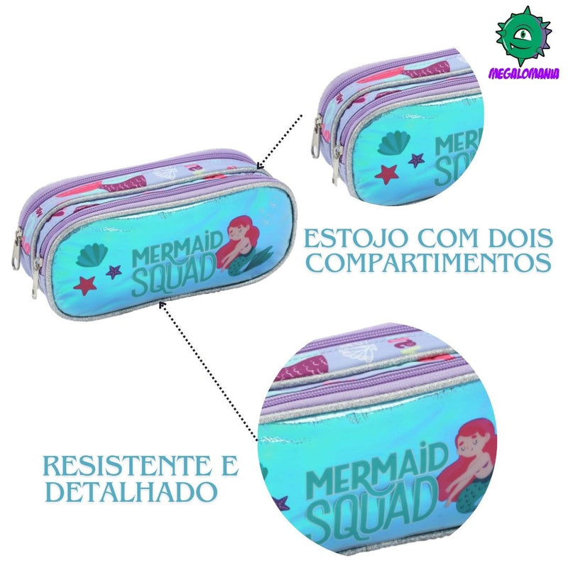 Kit Mochila de Carrinho Infantil Sereia Mala Bolsa Lancheira Térmica Estojo com Dois Compartimentos Feminino Seanite Seanite