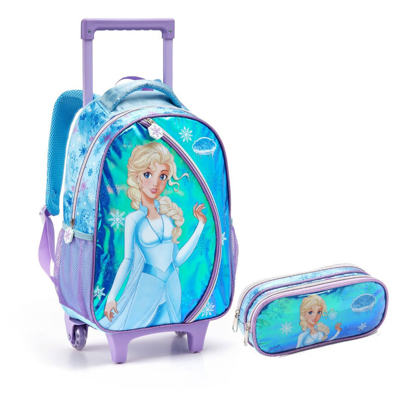 Kit Mochila de Carrinho Infantil Princesa Gelo Frozen Estojo com Dois Compartimentos Escolar Feminino Meninas Seanite