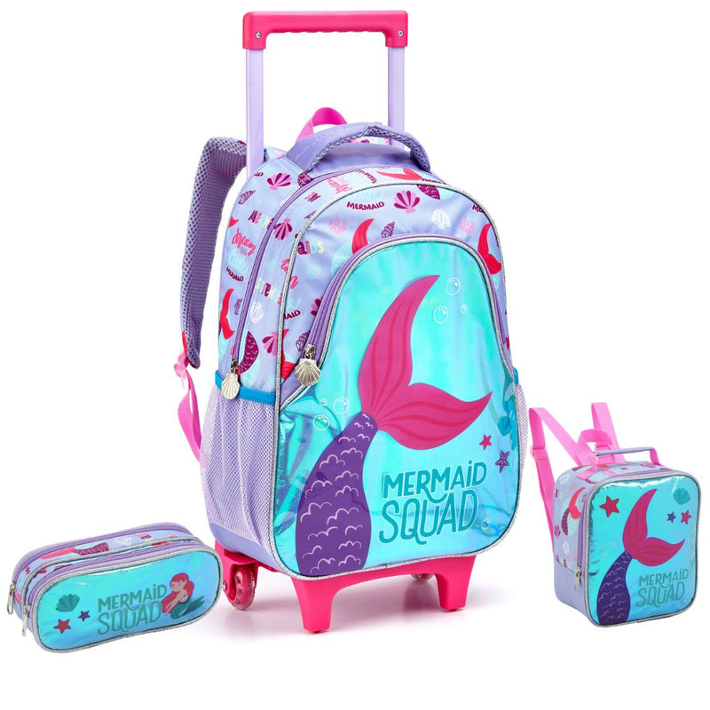 Kit Mochila de Carrinho Infantil Sereia Mala Bolsa Lancheira Térmica Estojo com Dois Compartimentos Feminino Seanite Seanite