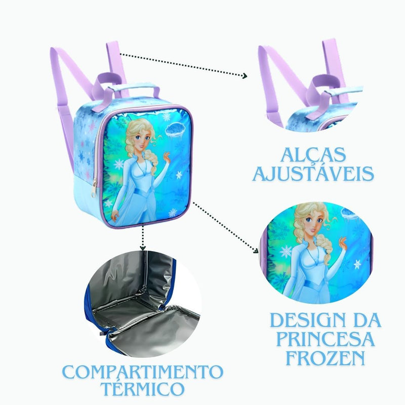 KIT MOCHILA DE CARRINHO INFANTIL PRINCESA DO GELO FROZEN MR41440 + LANCHEIRA INFANTIL TÉRMICA PRINCESA DO GELO FROZEN  L