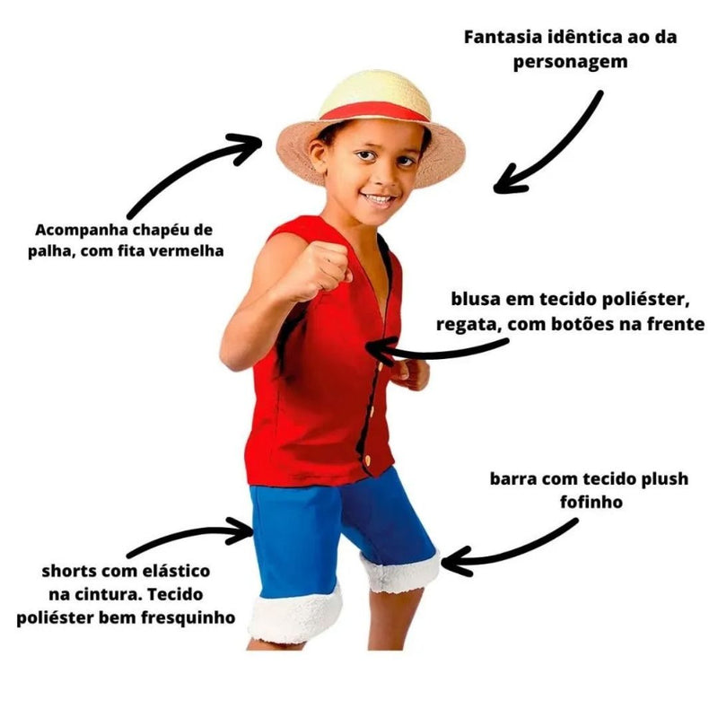 Fantasia Infantil Luffy One Piece Anime Chapéu Palha Pirata Nova Blink