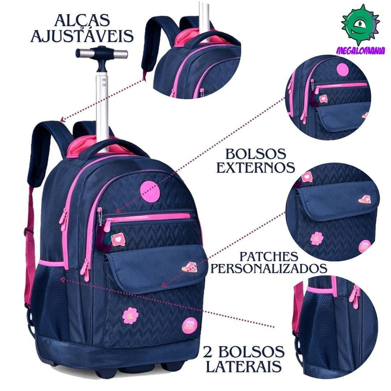 Mochila de Carrinho Mala Bolsa Ciano Rosa Meninas Juvenil Escolar Luluca Clio