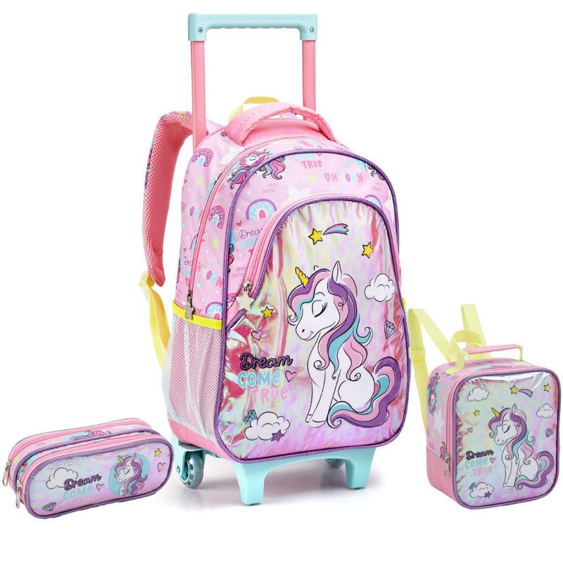 Kit Mochila de Carrinho Mala Bolsa Infantil Unicórnio Lancheira Térmica Estojo com Dois Compartimentos Feminino Seanite