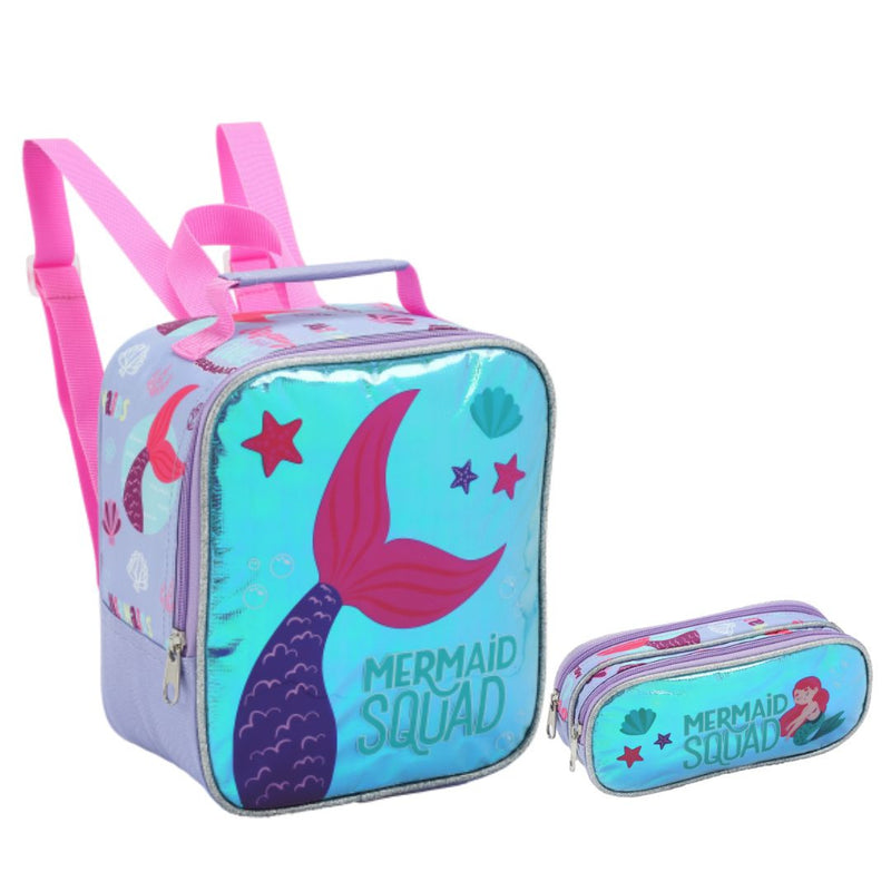 Kit Lancheira Infantil Térmica Sereia Estojo com Dois Compartimentos Feminino Meninas Seanite