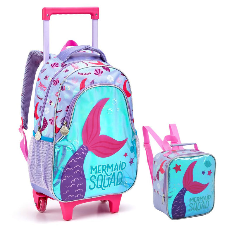 Kit Mochila de Carrinho Mala Bolsa Infantil Sereia Lancheira Térmica Meninas Feminino Seanite