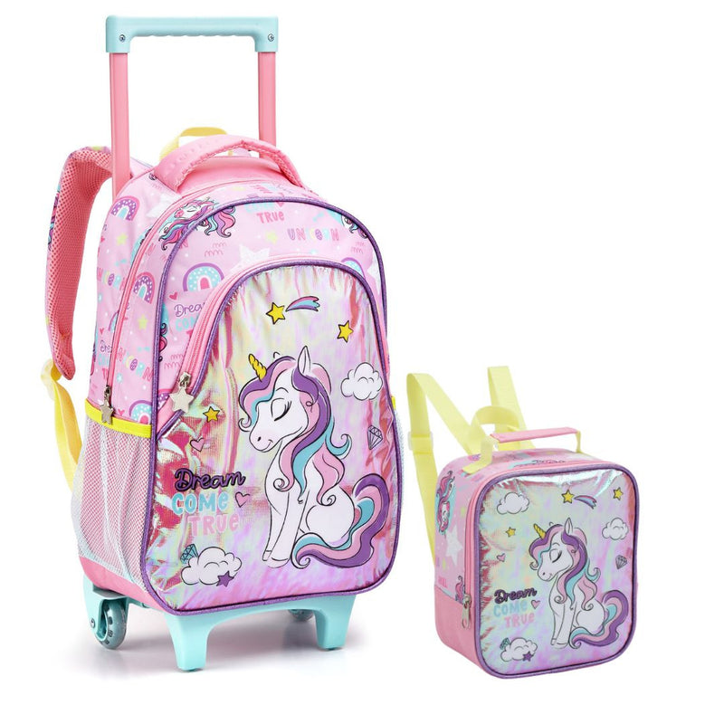 Kit Mochila de Carrinho Mala Bolsa Infantil Unicórnio Lancheira Térmica Feminino Meninas Seanite