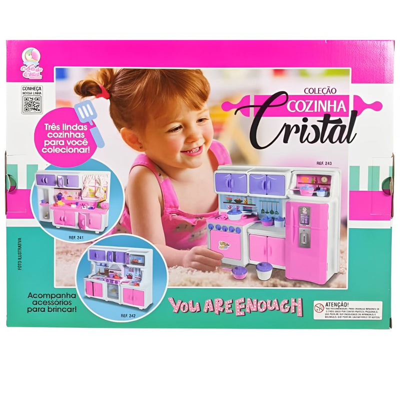 Brinquedo Cozinha Cristal Com Boneca Completa Infantil Divertida Fashion Utensilios Faz de Conta Lua de Cristal