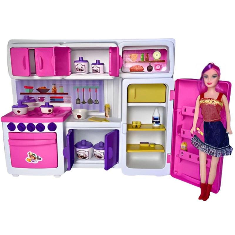 Brinquedo Cozinha Cristal Com Boneca Completa Infantil Divertida Fashion Utensilios Faz de Conta Lua de Cristal