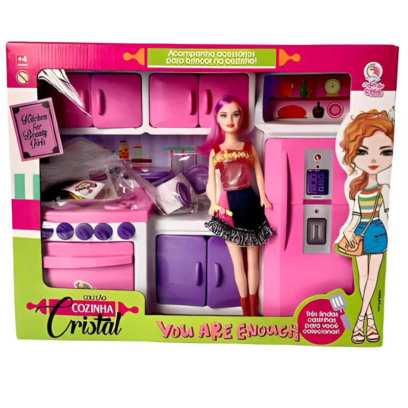 Brinquedo Cozinha Cristal Com Boneca Completa Infantil Divertida Fashion Utensilios Faz de Conta Lua de Cristal