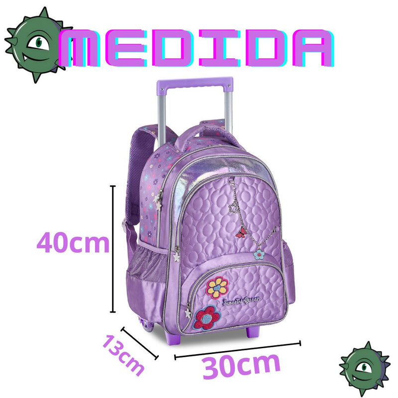 Mochila de Carrinho Bolsa Mala de Rodinhas Feminino Juvenil Roxo Escolar Clio