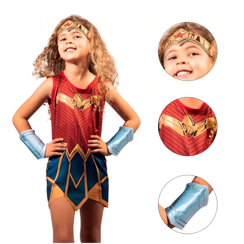 Fantasia Infantil Mulher Maravilha Wonder Woman Dc Comics Tiara Bracelete Novablink