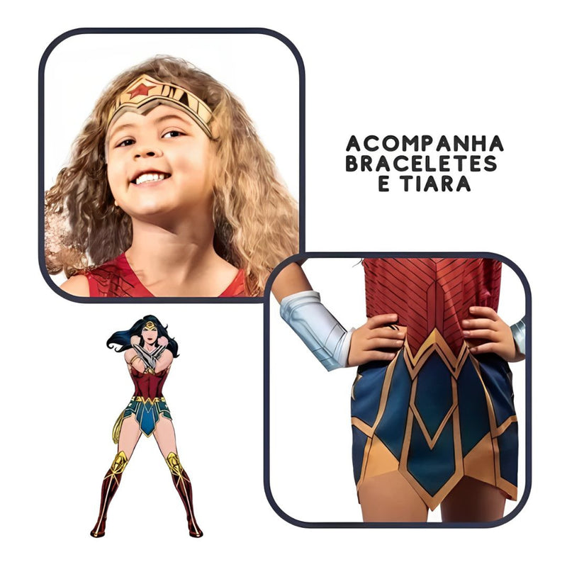 Fantasia Infantil Mulher Maravilha Wonder Woman Dc Comics Tiara Bracelete Novablink