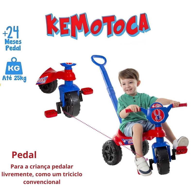 Brinquedo Carrinho de Passeio Pedal Infantil Kemotoca Spider c/ Haste Menino Homem - Aranha Kendy