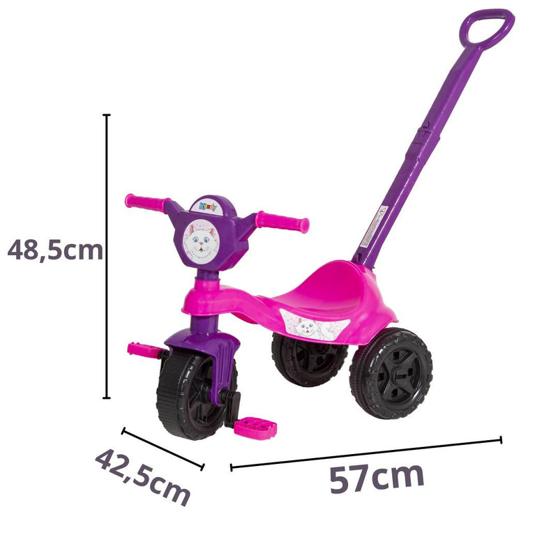 Brinquedo Carrinho de Passeio Pedal Infantil Kemotoca Gatinha com Haste Triciclo Feminino Rosa Roxo Kendy