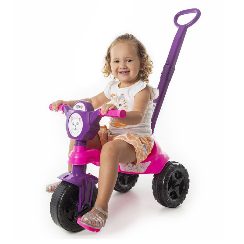 Brinquedo Carrinho de Passeio Pedal Infantil Kemotoca Gatinha com Haste Triciclo Feminino Rosa Roxo Kendy