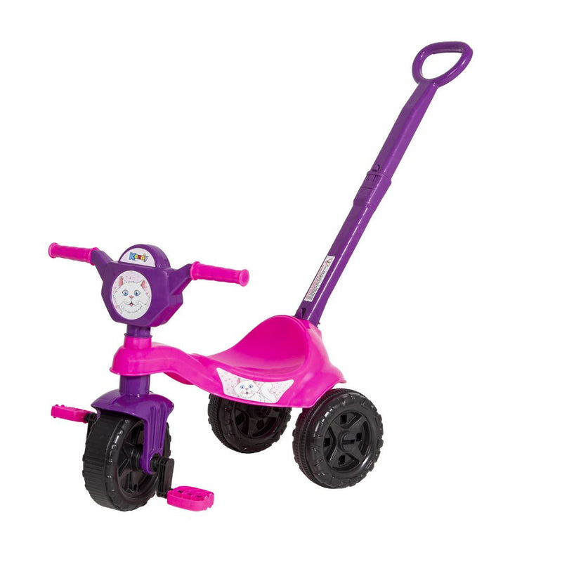 Brinquedo Carrinho de Passeio Pedal Infantil Kemotoca Gatinha com Haste Triciclo Feminino Rosa Roxo Kendy