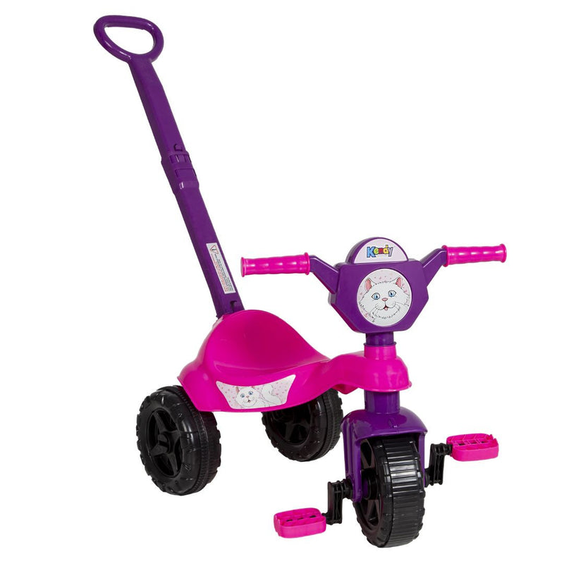 Brinquedo Carrinho de Passeio Pedal Infantil Kemotoca Gatinha com Haste Triciclo Feminino Rosa Roxo Kendy