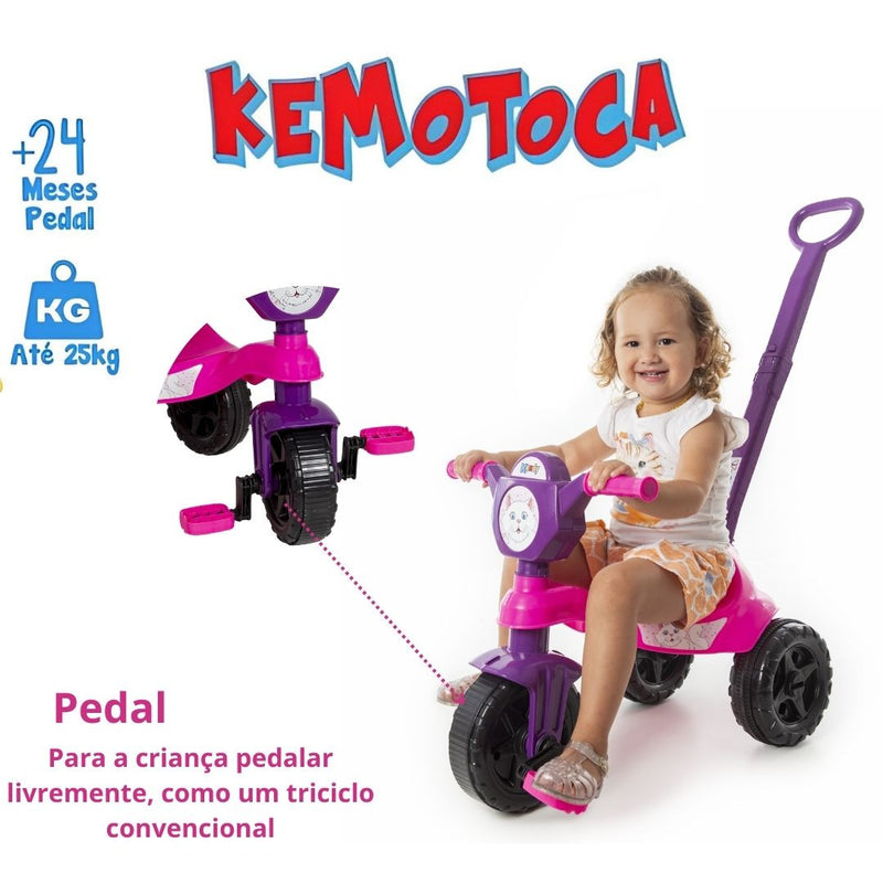 Brinquedo Carrinho de Passeio Pedal Infantil Kemotoca Gatinha com Haste Triciclo Feminino Rosa Roxo Kendy