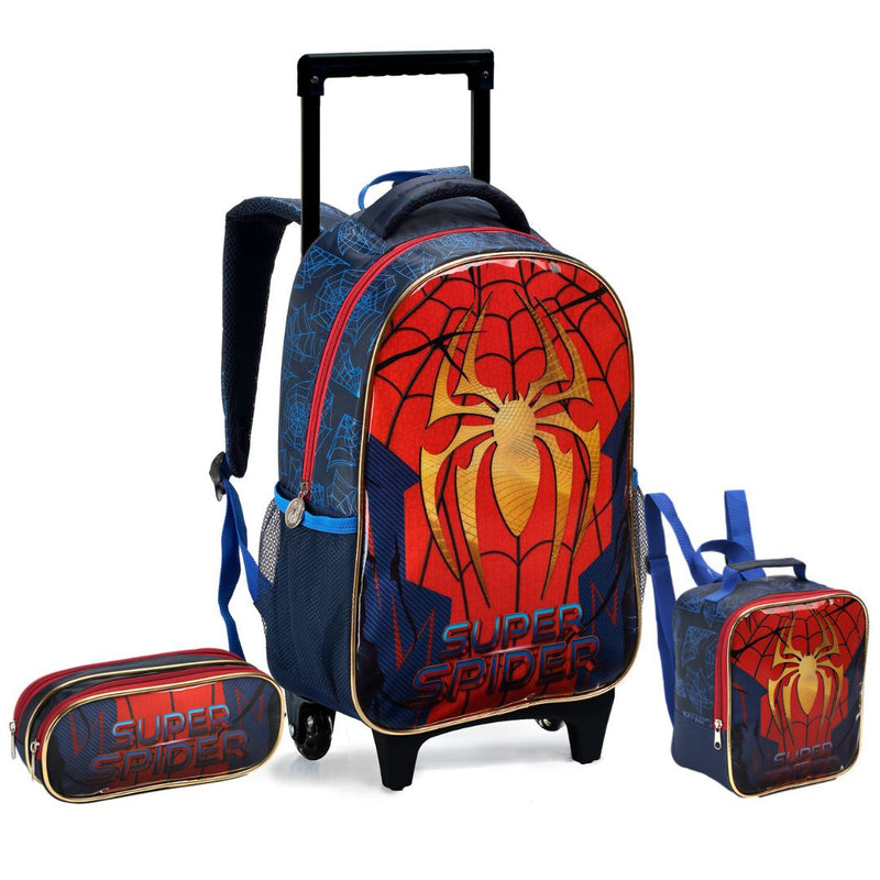 Kit Mochila de Carrinho Infantil Super Spider Aranha Homem Mala Bolsa Lancheira Térmica Estojo com Dois Compartimentos Escolar Masculino Menino Seanite