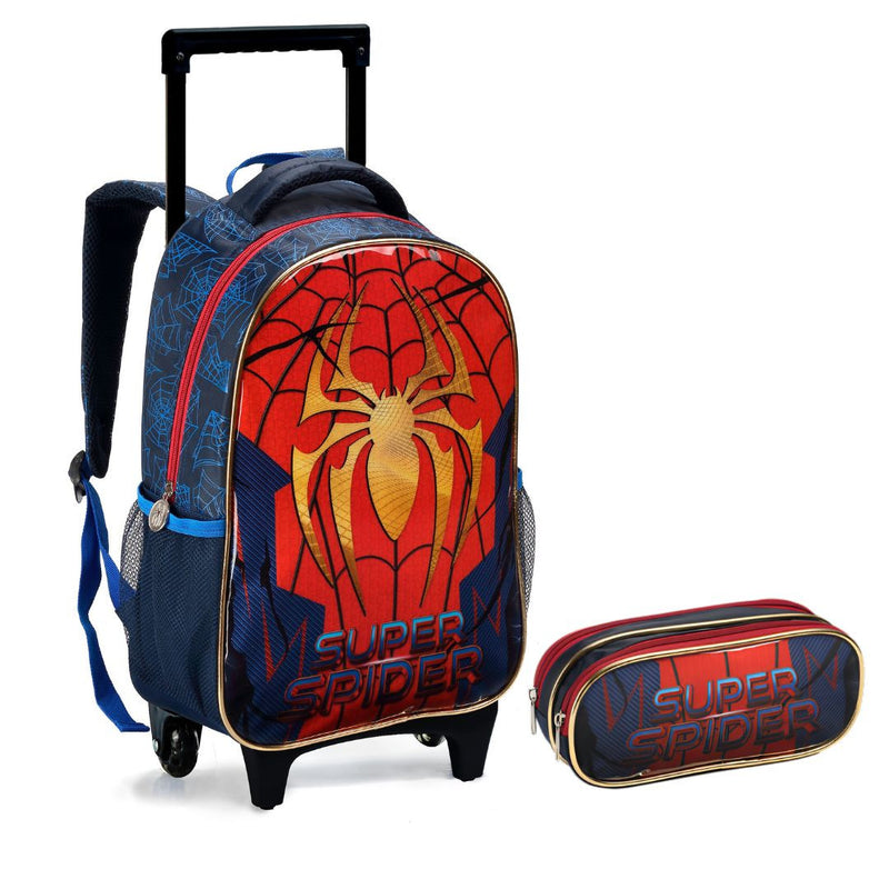 Kit Mochila de Carrinho Infantil Super Spider Aranha Homem Mala Bolsa Estojo com Dois Compartimentos Escolar Masculino Menino Seanite