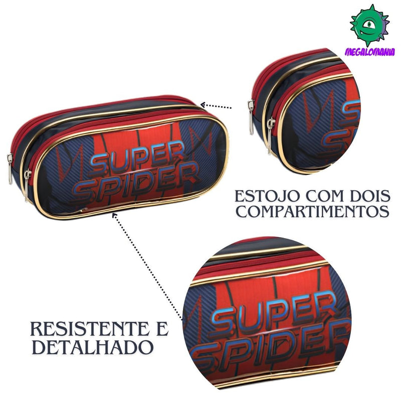 Kit Mochila de Carrinho Infantil Super Spider Aranha Homem Mala Bolsa Estojo com Dois Compartimentos Escolar Masculino Menino Seanite