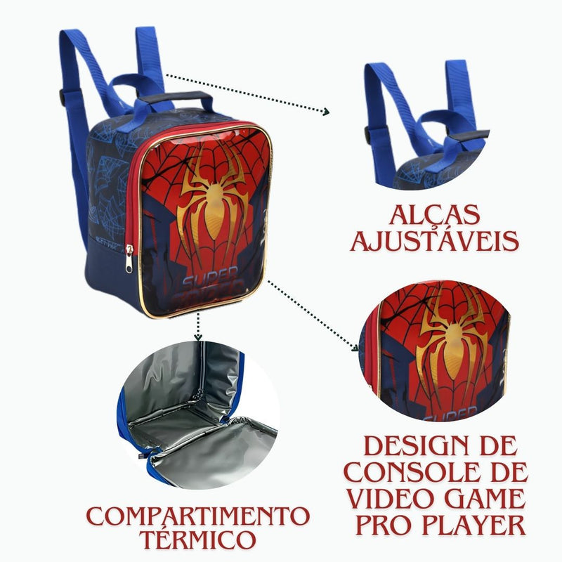 Kit Lancheira Térmica Infantil Super Spider Aranha Homem Estojo com Dois Compartimentos Escolar Masculino Seanite