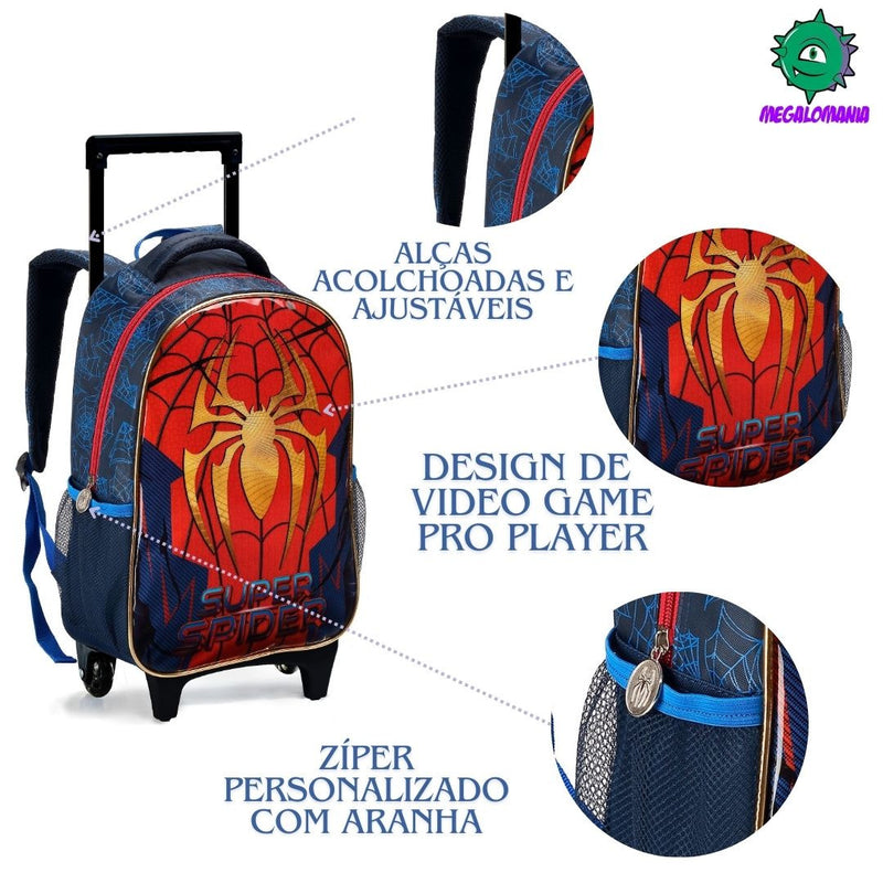 Kit Mochila de Carrinho Infantil Super Spider Aranha Homem Mala Bolsa Lancheira Térmica Estojo com Dois Compartimentos Escolar Masculino Menino Seanite