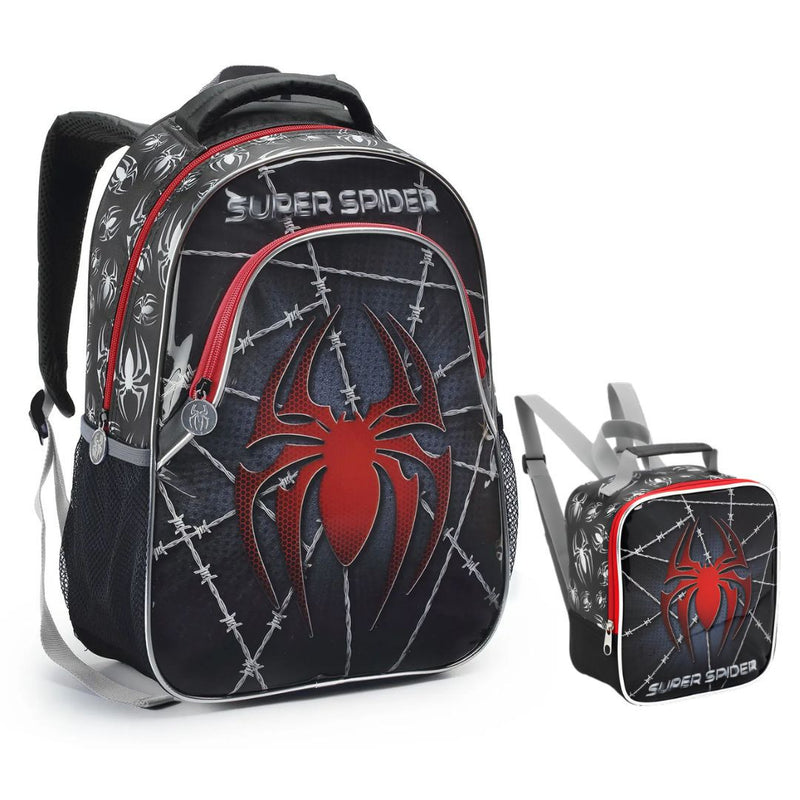 Kit Mochila de Costas Infantil Super Spider Preto Aranha Homem Mala Bolsa Lancheira Térmica Escolar Seanite