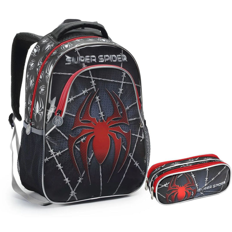 Kit Mochila de Costas Infantil Super Spider Preto Aranha Homem Estojo com Dois Compartimentos Escolar Seanite