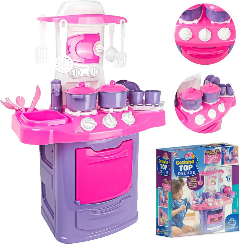 Brinquedo Cozinha Top Deluxe Pia Lava Louça Fogão Panelas Rosa E Roxo Meninas Infantil Feminino