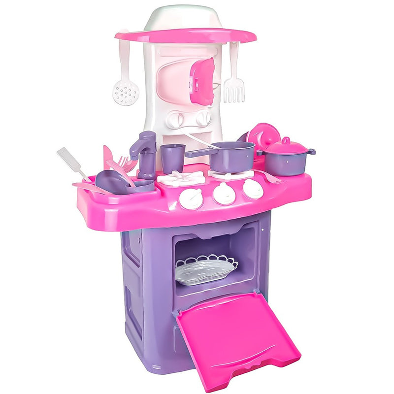 Brinquedo Cozinha Top Deluxe Pia Lava Louça Fogão Panelas Rosa E Roxo Meninas Infantil Feminino