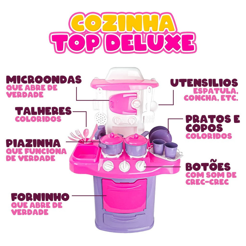 Brinquedo Cozinha Top Deluxe Pia Lava Louça Fogão Panelas Rosa E Roxo Meninas Infantil Feminino