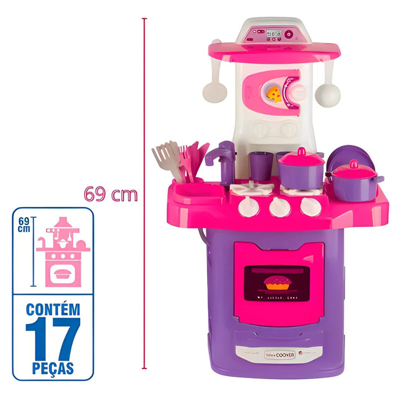 Brinquedo Cozinha Top Deluxe Pia Lava Louça Fogão Panelas Rosa E Roxo Meninas Infantil Feminino