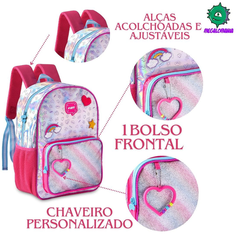 Mochila de Costas Holográfica Mala Bolsa Duas Alças Juvenil Meninas Escolar Clio