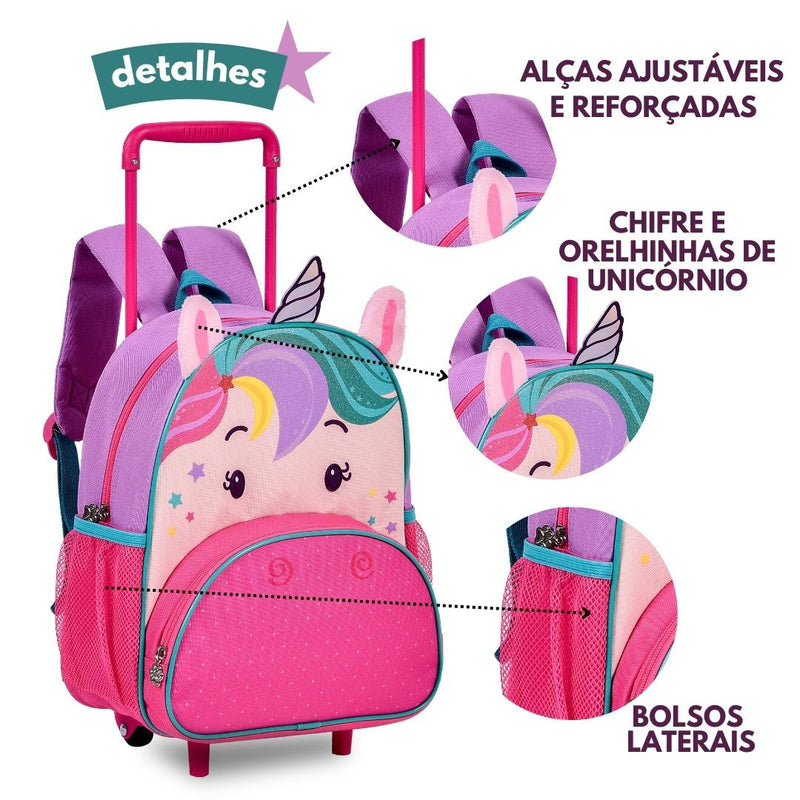 Mochila de Carrinho Unicórnio Fashion Feminino Meninas Rosa Crina Colorida Clio