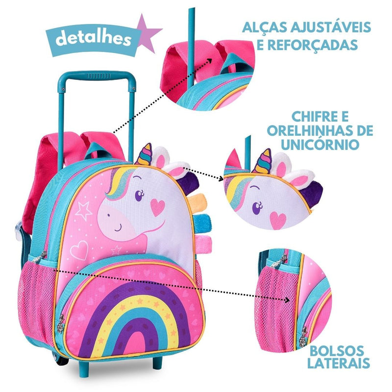 Mochila de Carrinho Unicórnio Fashion Feminino Meninas Rosa Crina Colorida Clio