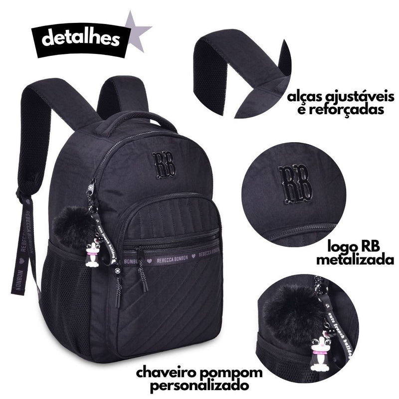 Mochila de Costas Mala Bolsa Rebecca Bonbon Preto Rosa Lilás Fashion Meninas Clio