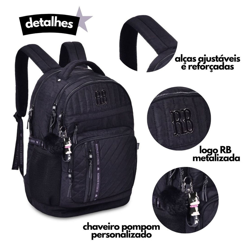 Mochila de Costas Mala Bolsa Rebecca Bonbon Preto Rosa Lillás Fashion Meninas Clio