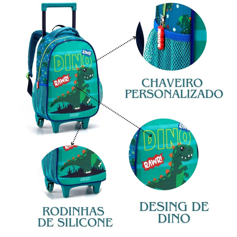 Mochila de Costas Bolsa Infantil Tubarão Azul Dinossauro Verde Crianças Detalhada Seanite