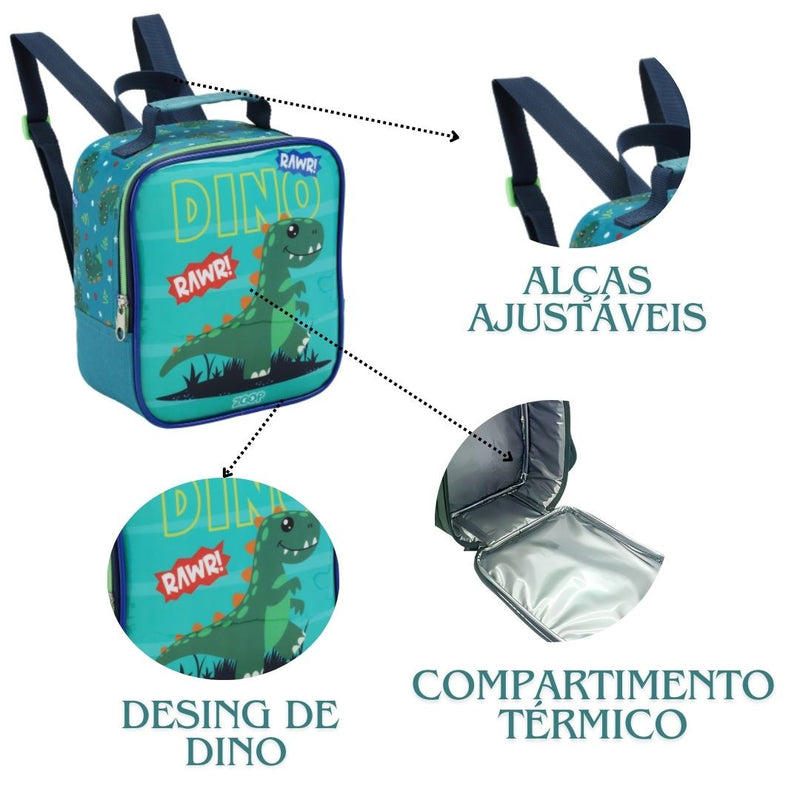 Kit Mochila de Carrinho Dinossauro Verde Mala Bolsa Lancheira Térmica Meninos Masculino Seanite