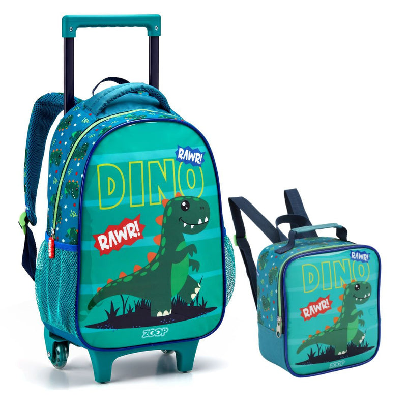 Kit Mochila de Carrinho Dinossauro Verde Mala Bolsa Lancheira Térmica Meninos Masculino Seanite