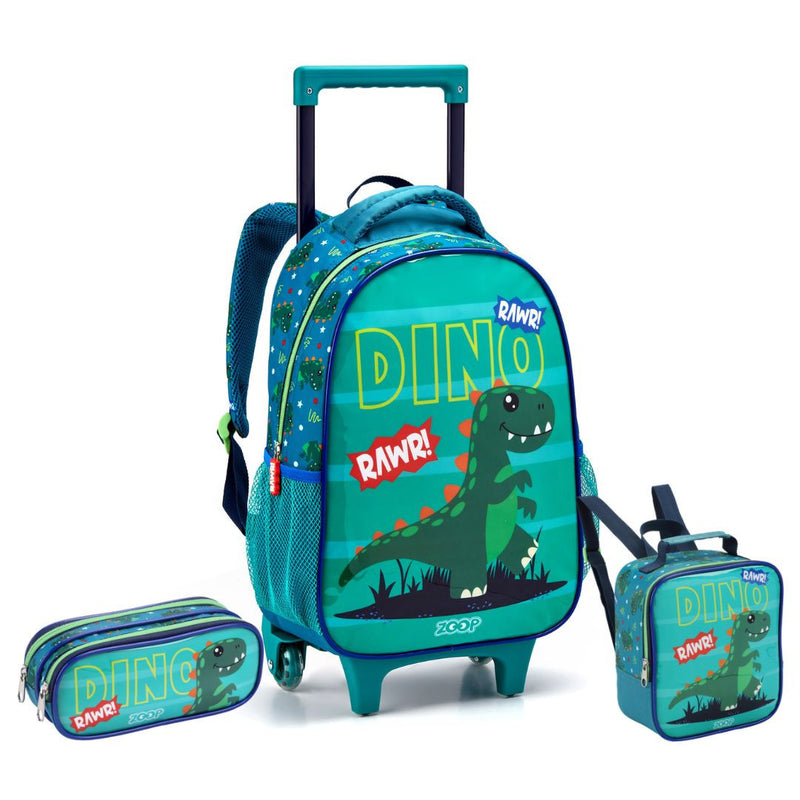 Kit Mochila De Carrinho Infantil Dinossauro Verde Lancheira Térmica Estojo Dois Compartimentos Crianças Masculino Seanite