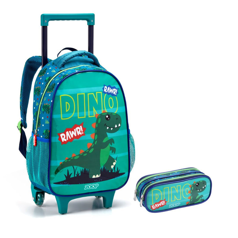 Kit Mochila de Carrinho Dinossauro Verde Estojo Infantil com Dois Compartimentos Masculino Meninos Crianças Seanite