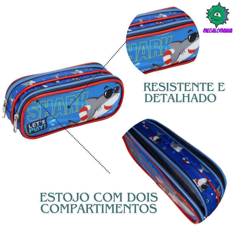 Kit Mochila de Carrinho Mala Bolsa Infantil Lancheira Térmica Lanchinho Estojo Dois Compartimentos Tubarão Azul Seanite