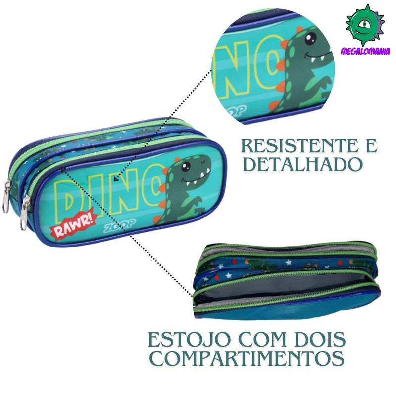 Kit Mochila de Carrinho Dinossauro Verde Estojo Infantil com Dois Compartimentos Masculino Meninos Crianças Seanite