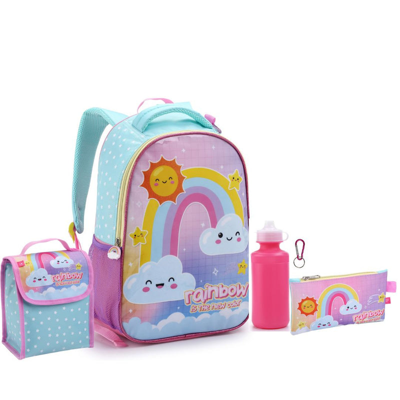 Kit Mochila de Costas Infantil Arco Ìris 5 Itens Lancheira Estojo Garrafa e Mosquetão Feminino Seanite