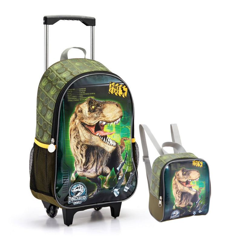 Kit Mochila de Carrinho Dinossauro T-Rex Infantil Mala Bolsa Lancheira Térmica Escolar Masculino Seanite