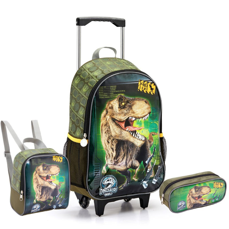 Kit Mochila de Carrinho Dinossauro T-Rex Infantil Mala Bolsa Lancheira Térmica Escolar Masculino Seanite