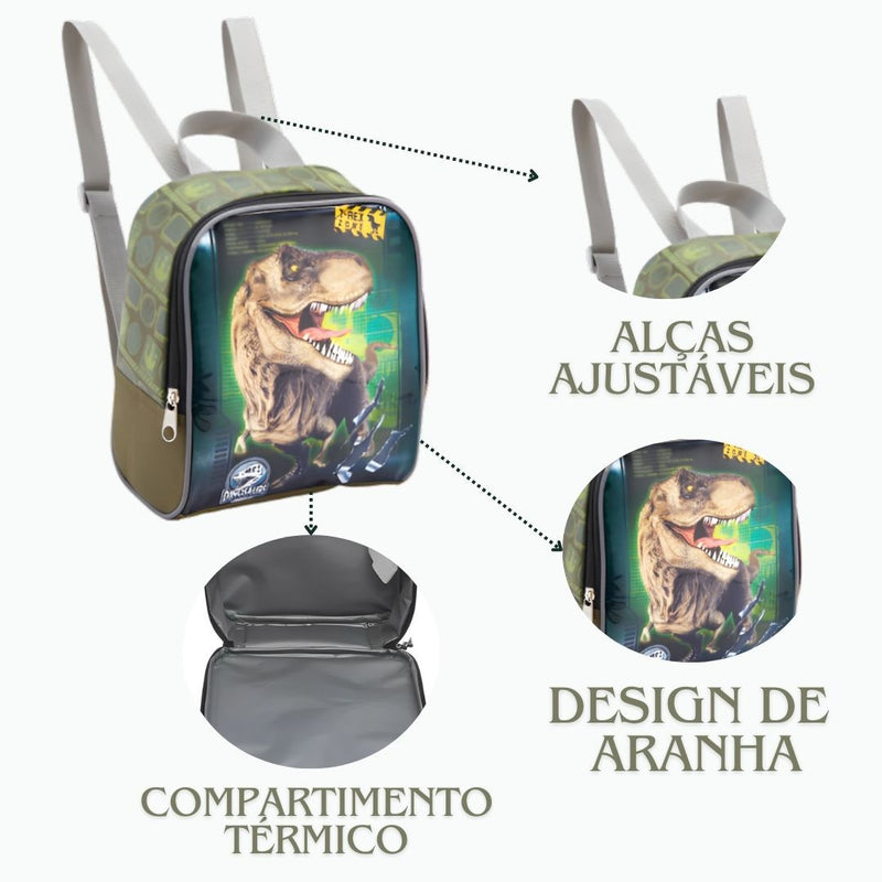 Kit Lancheira Térmica Dinossauro T-Rex Infantil Estojo Simples Escolar Masculino Seanite