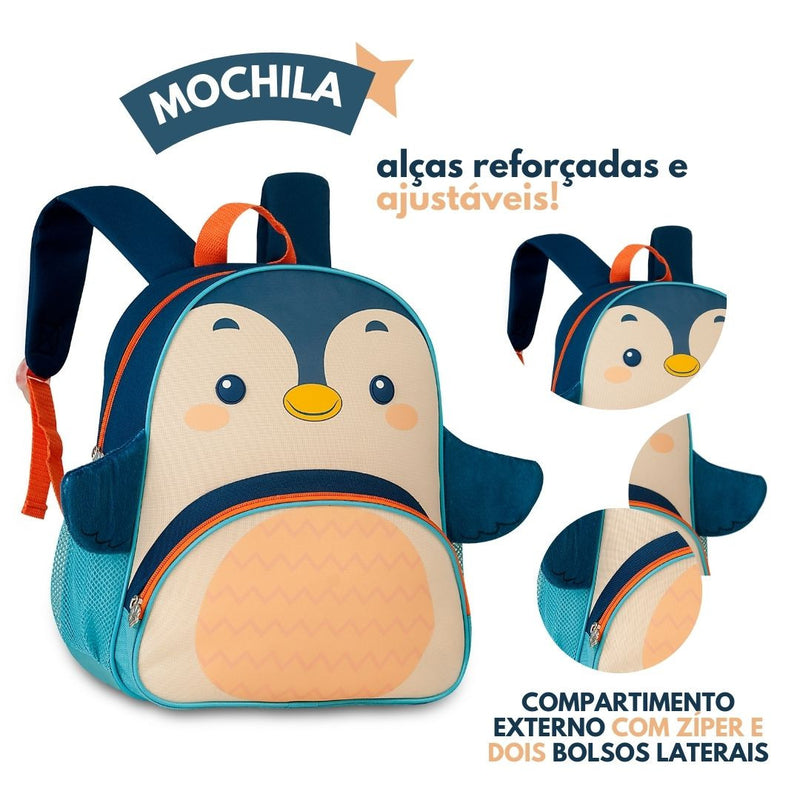 Mochila de Costas Mala Bolsa Tubarão Pinguim PIntinho Escolar Infantil Masculino Clio